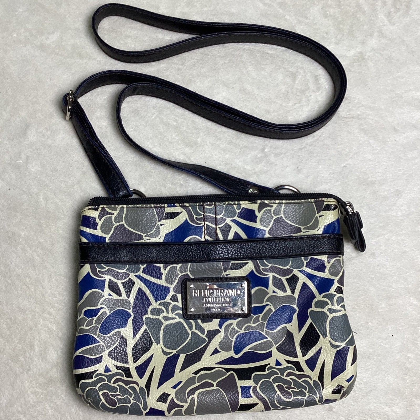 Relic Brand Blue Floral Mosaic Faux Leather Crossbody Bag Silver Hardware Zipper
