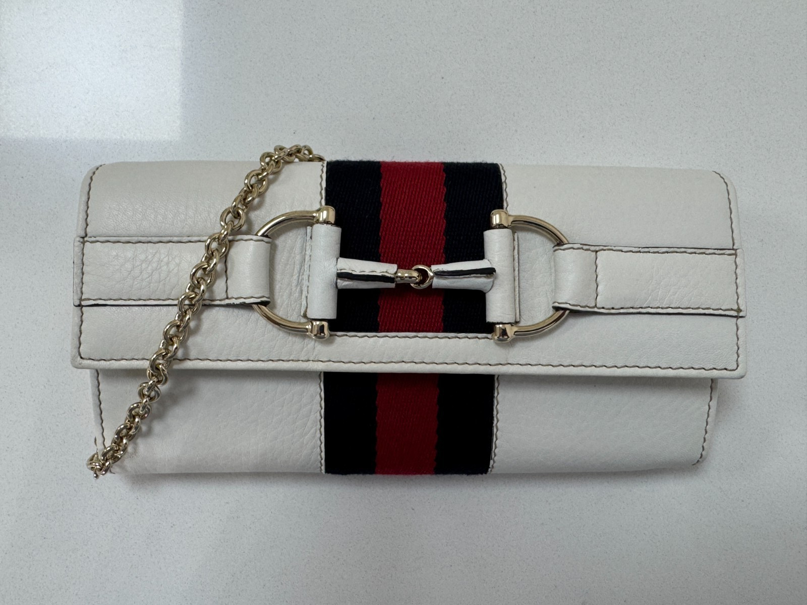 Gucci White Leather Horsebit Web Wallet on Chain Clutch Crossbody Bag