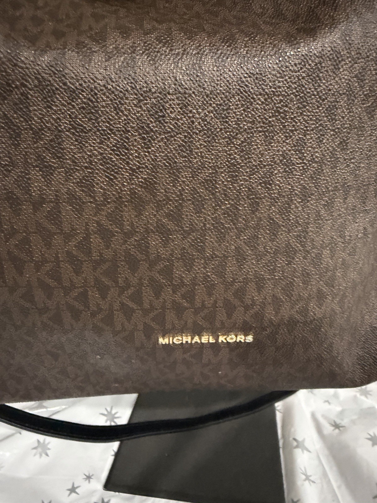 Michael Kors Brown Monogram Shoulder Bag Zip Inner Pockets Tassel Charm Gold