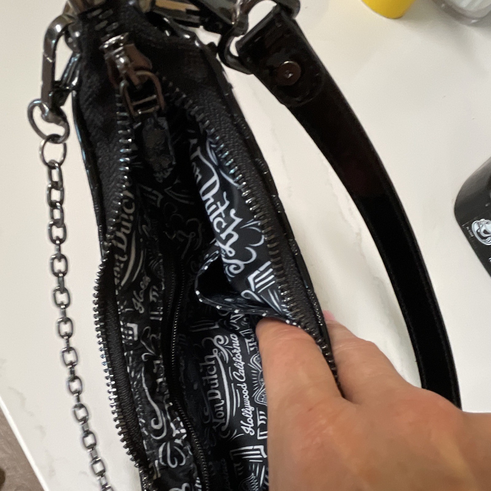 Von Dutch Black Patent Logo Small Shoulder Bag Chain Strap Zip Closure
