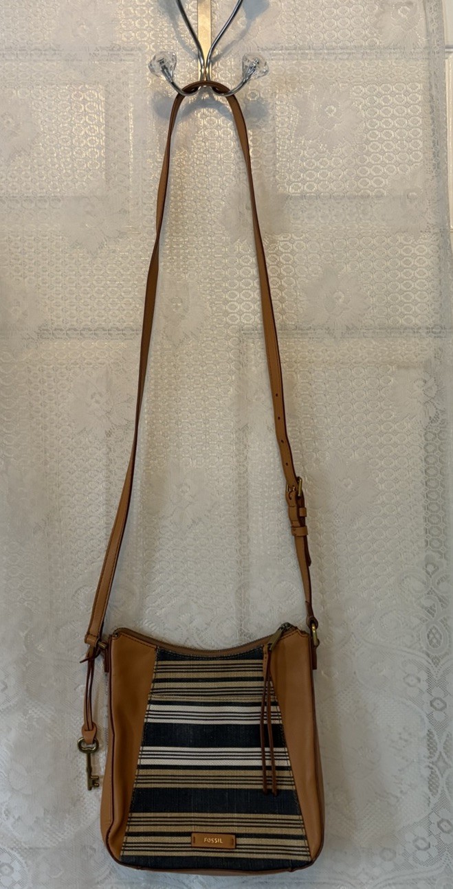 Fossil Fabric & Faux Leather Crossbody Striped Bag Key Accent EUC