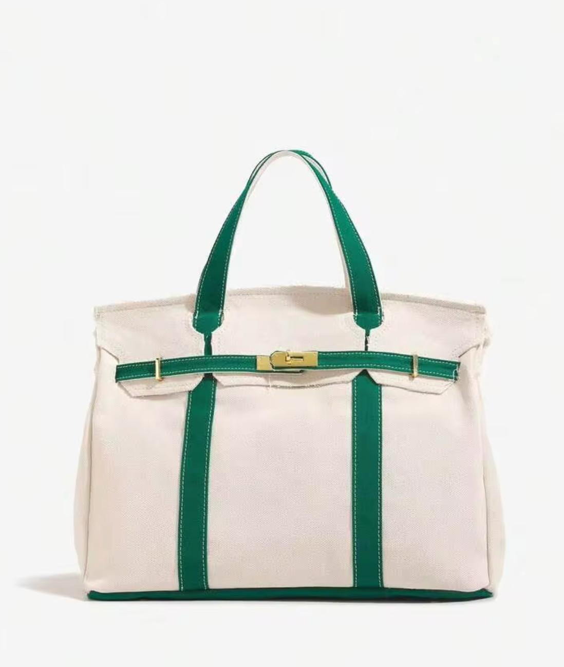 Large Canvas Tote Handbag Satchel Shoulder Bag Gold Turn Lock Travel Shopper