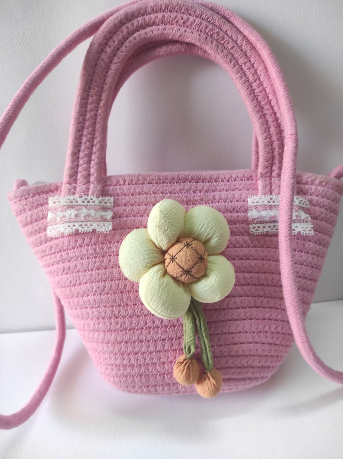 Handmade Pink Woven Cotton Rope Tote Bag Floral Lace Purse for Women Girls
