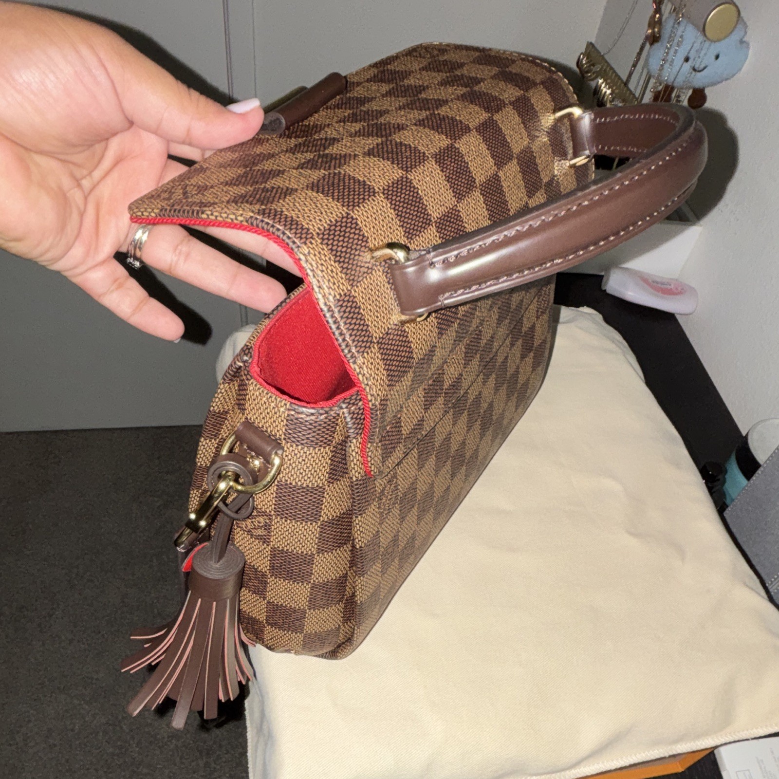 Louis Vuitton Damier Ebene Checkered Small Crossbody Top Handle w/ Strap Red