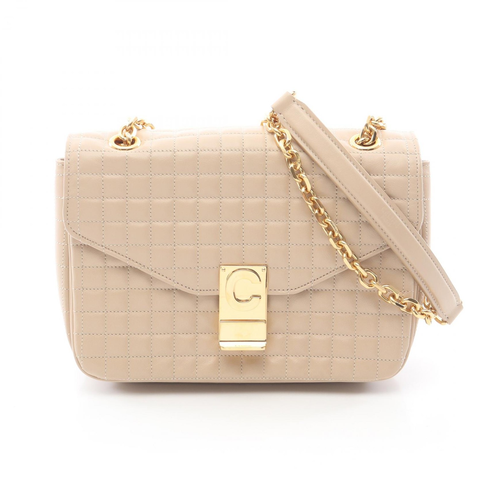 CELINE C Quilting Chain Shoulder Bag leather Beige Used Women GHW