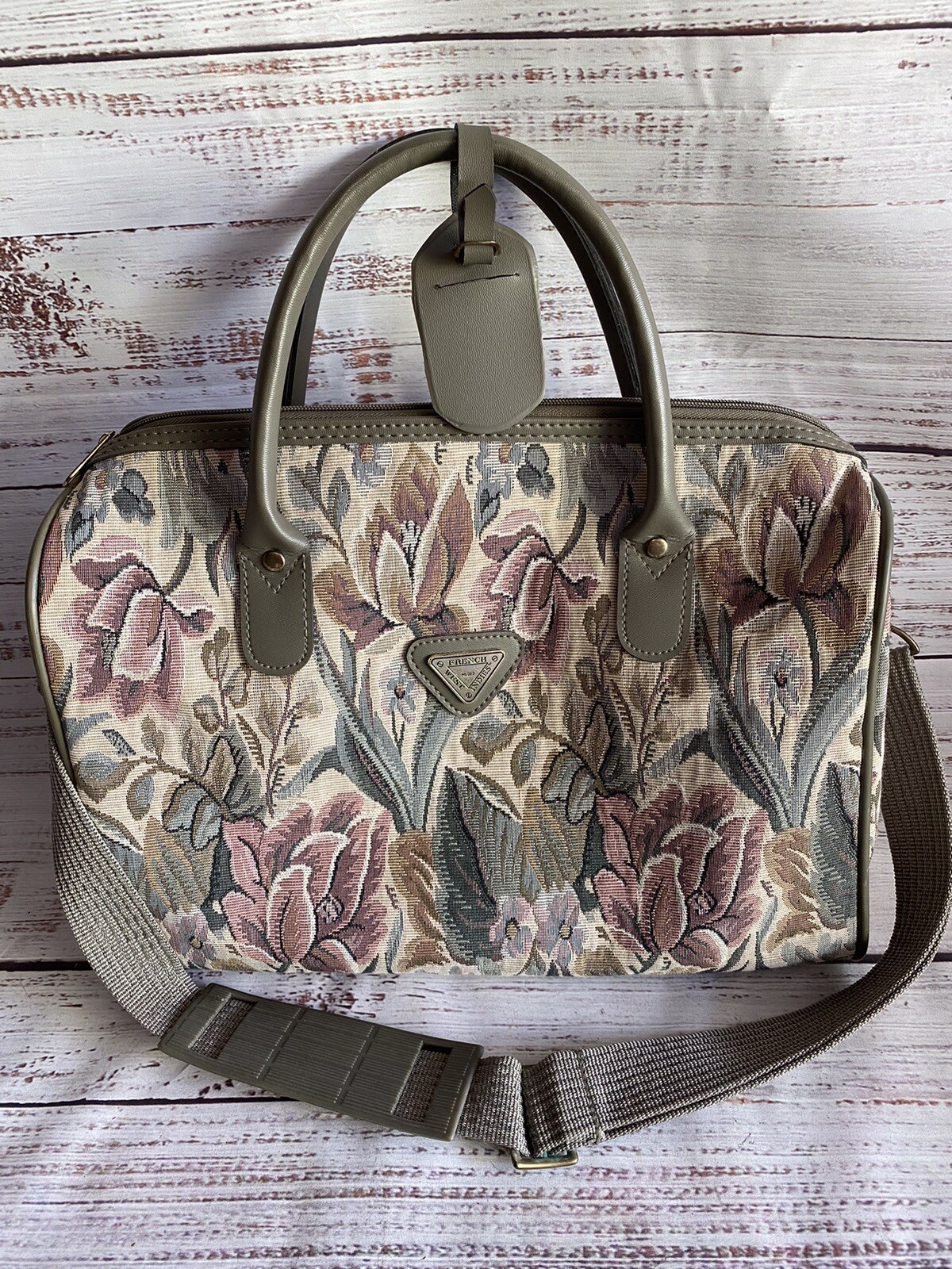 Vintage French West Indies Tapestry Floral Overnight Bag Purse Handbag Strap Tag