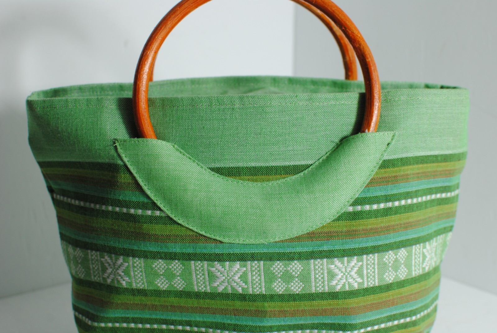 Women Canvas Green Striped Handbag Short Round Handles Zip Closure 11 inches