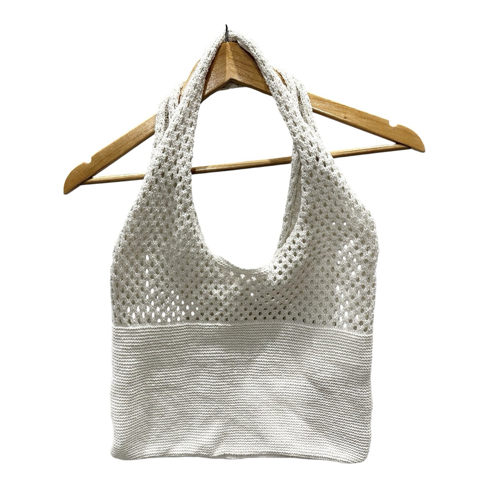 Hand Knit Crocheted Tote Shoulder Bag Double Strap White Ivory 15×12 Boho Beach