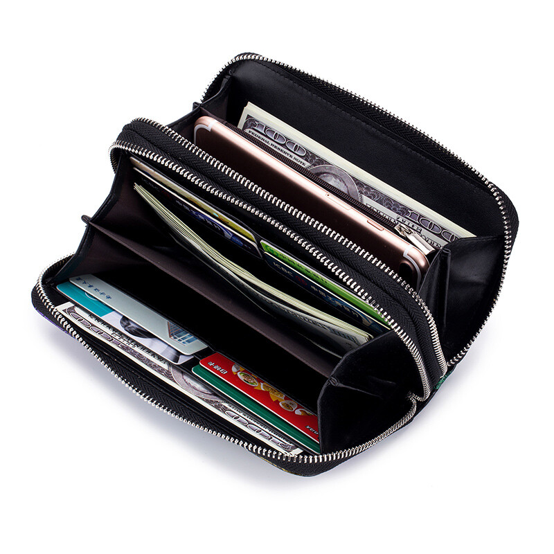 RFID Blk Genuine Leather Travel Large Phone Case Wristlet Fashion Womens Wallet