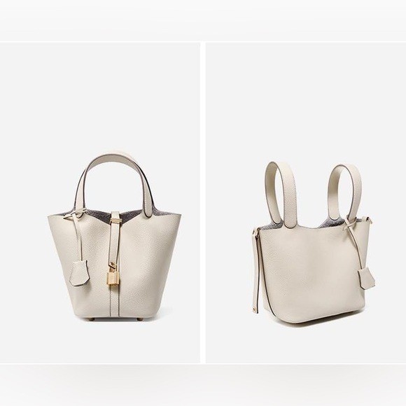 Genuine Leather Bucket Bag 18cm Bone Off White Lock & Key Felt Insert New