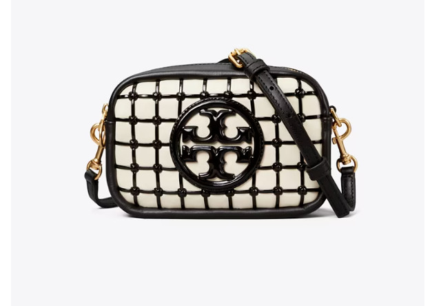 Tory Burch PERRY Bombe Patent Whipstitch Mini Bag Double Zip Black White Leather