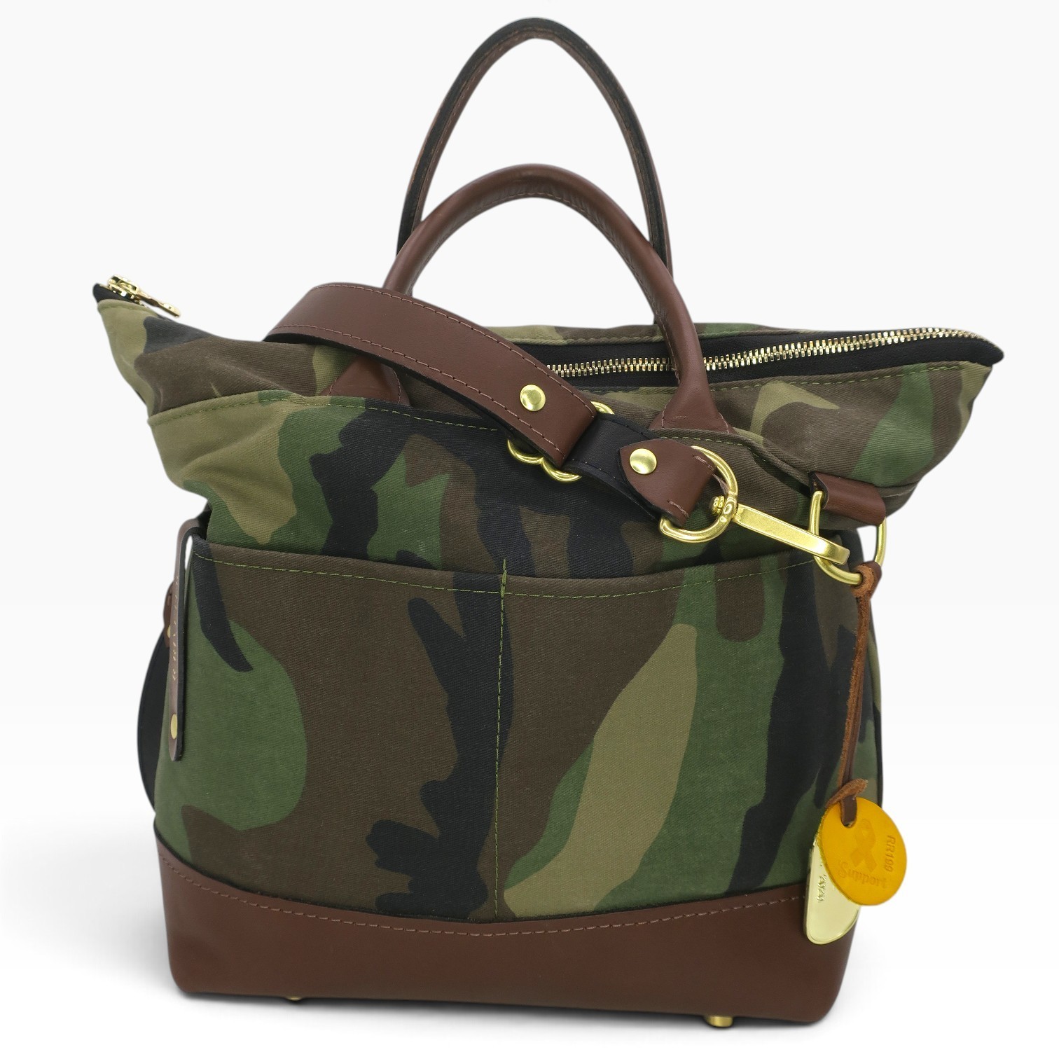 R. Riveter Otto Carry All Canvas Tote Leather Trim Camo Brown Crossbody Bag