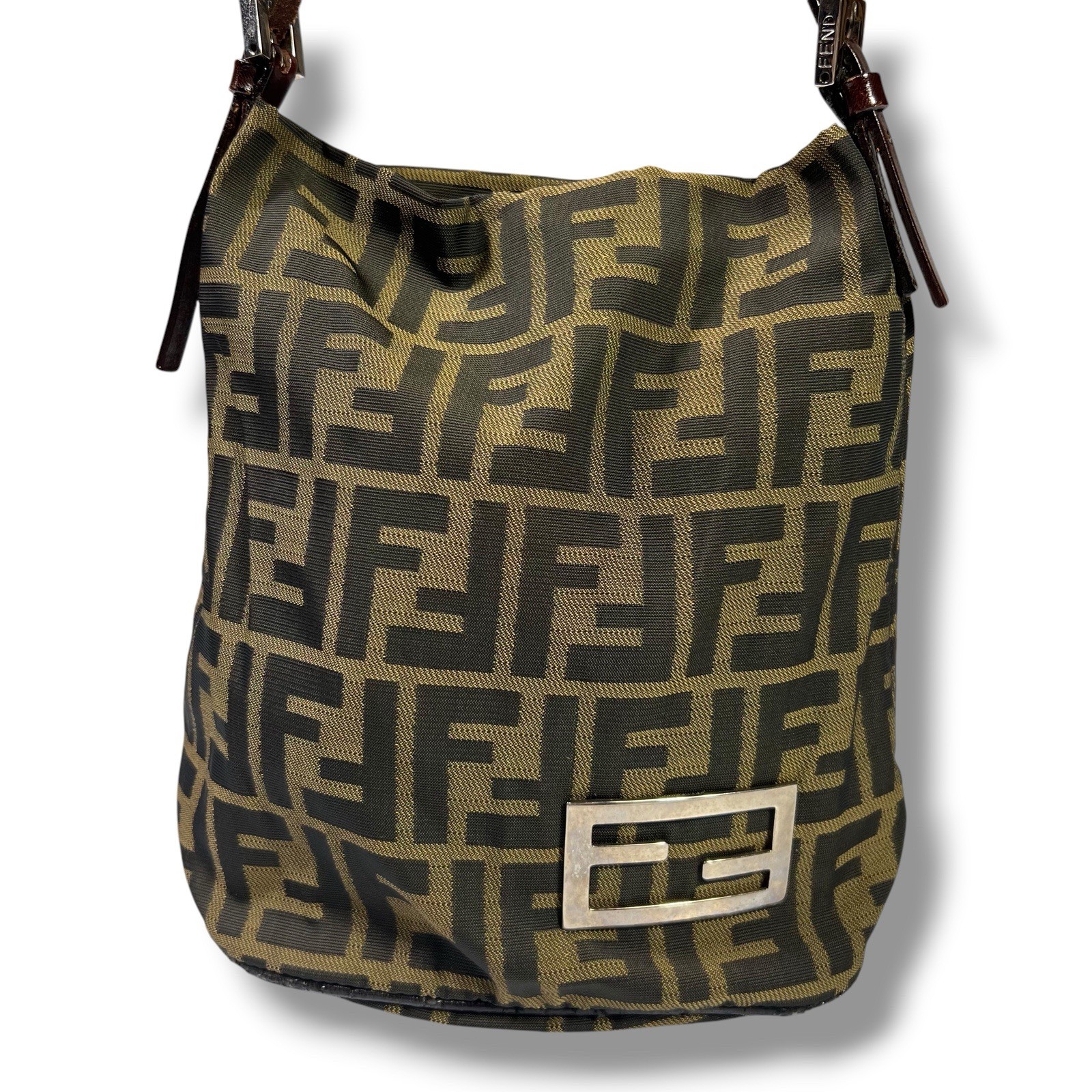 FENDI Zucca Canvas Leather Shoulder Bag Brown Handbag Vintage Genuine Italy FF