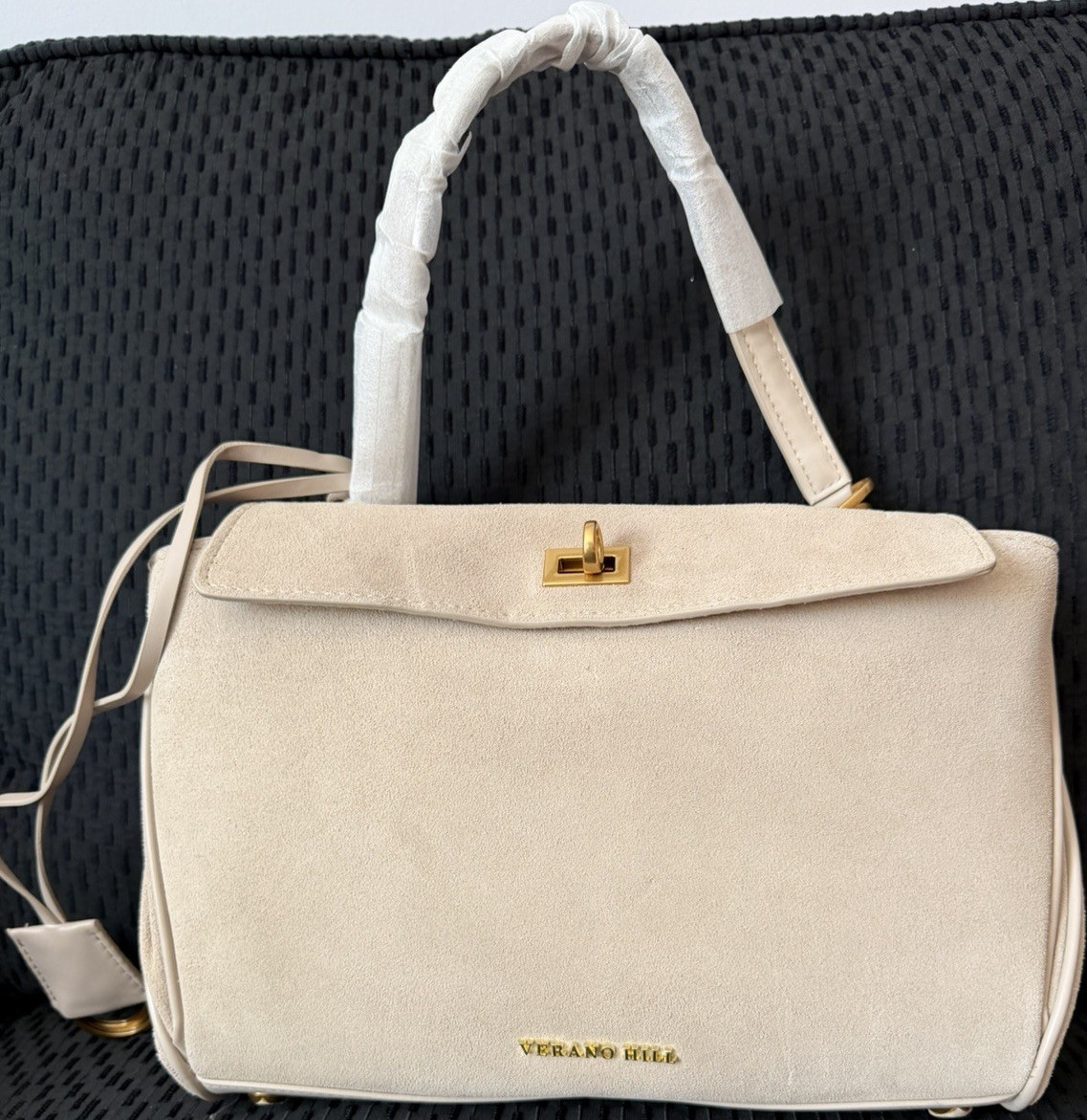 Verano Hill Beige Medium Satchel Top Handle Bag Turn Lock Gold Detach Strap