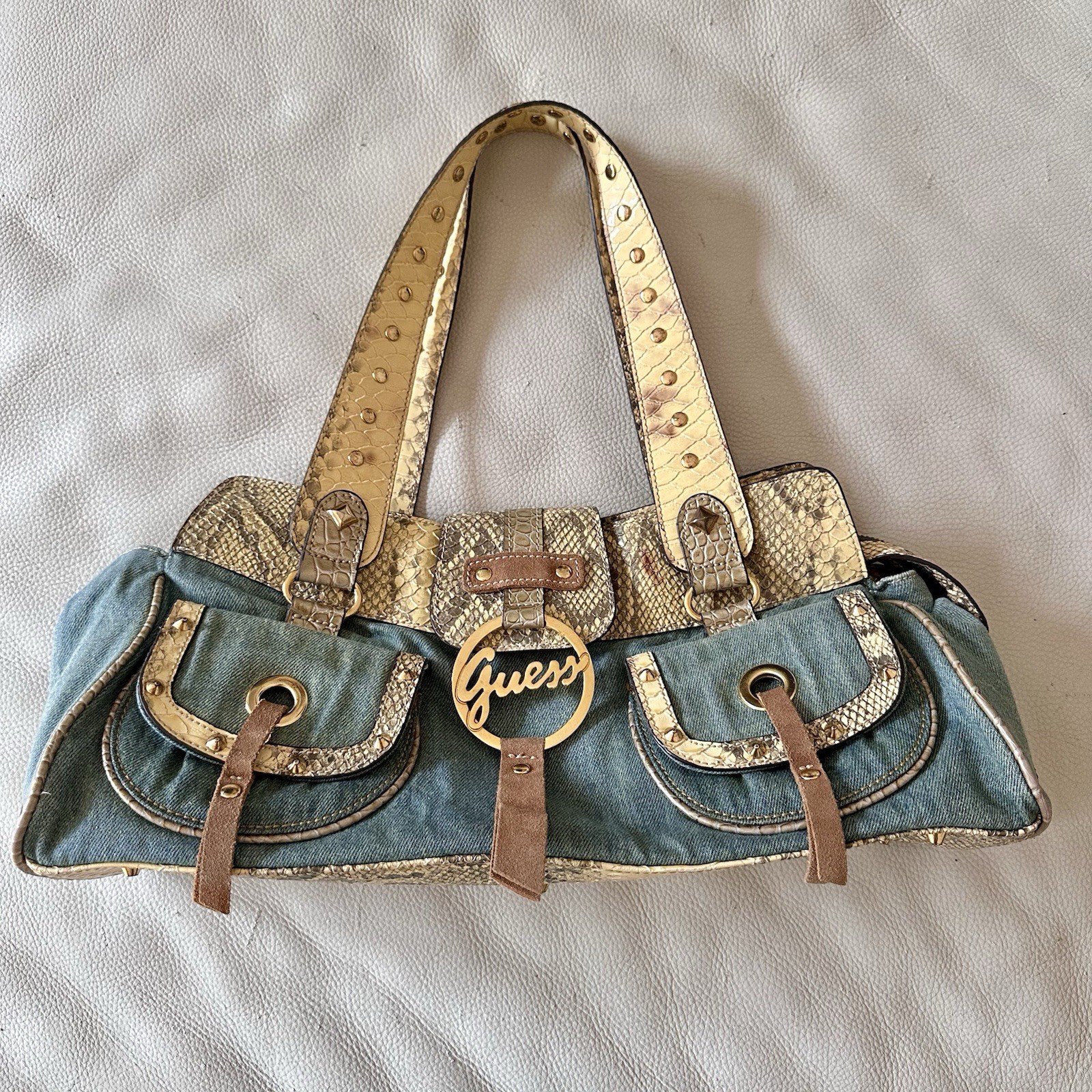 Vintage Guess Y2k Studded Denim Snake Print Shoulder Baguette Bag EUC