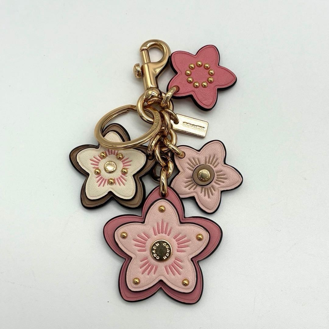 COACH Tea Rose Flower Charm Pink Leather Keychain Pre-Owned Used 10×5.5 cm