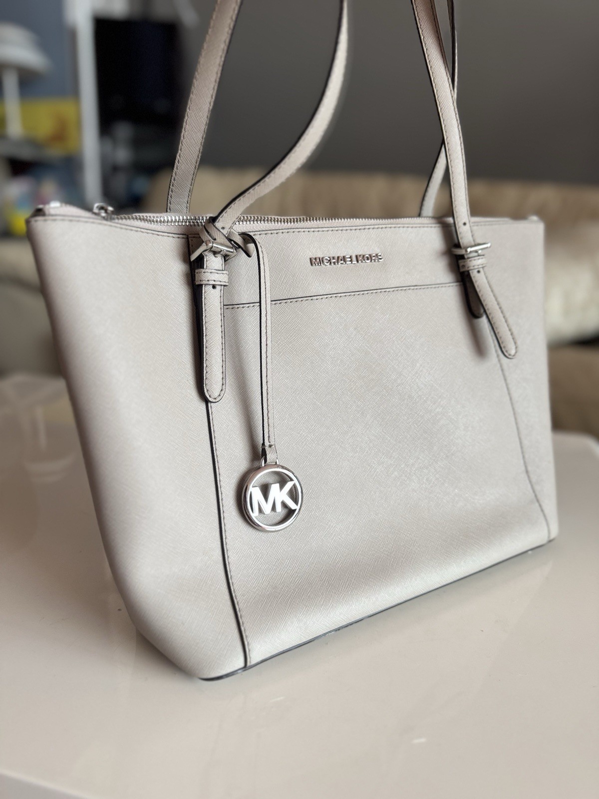 Michael Kors Gray Medium Tote Shoulder Bag Zip Top Logo Charm