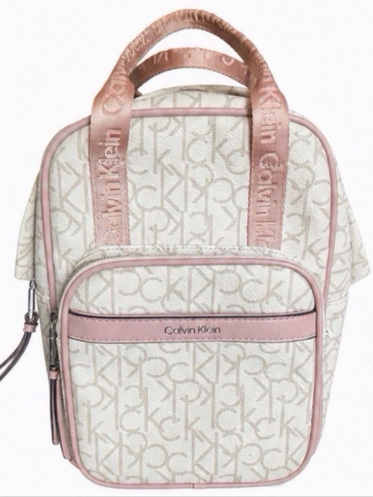 Calvin Klein Beige/Pink Monogram Mini Backpack Top Handle Zip, Adj Strap