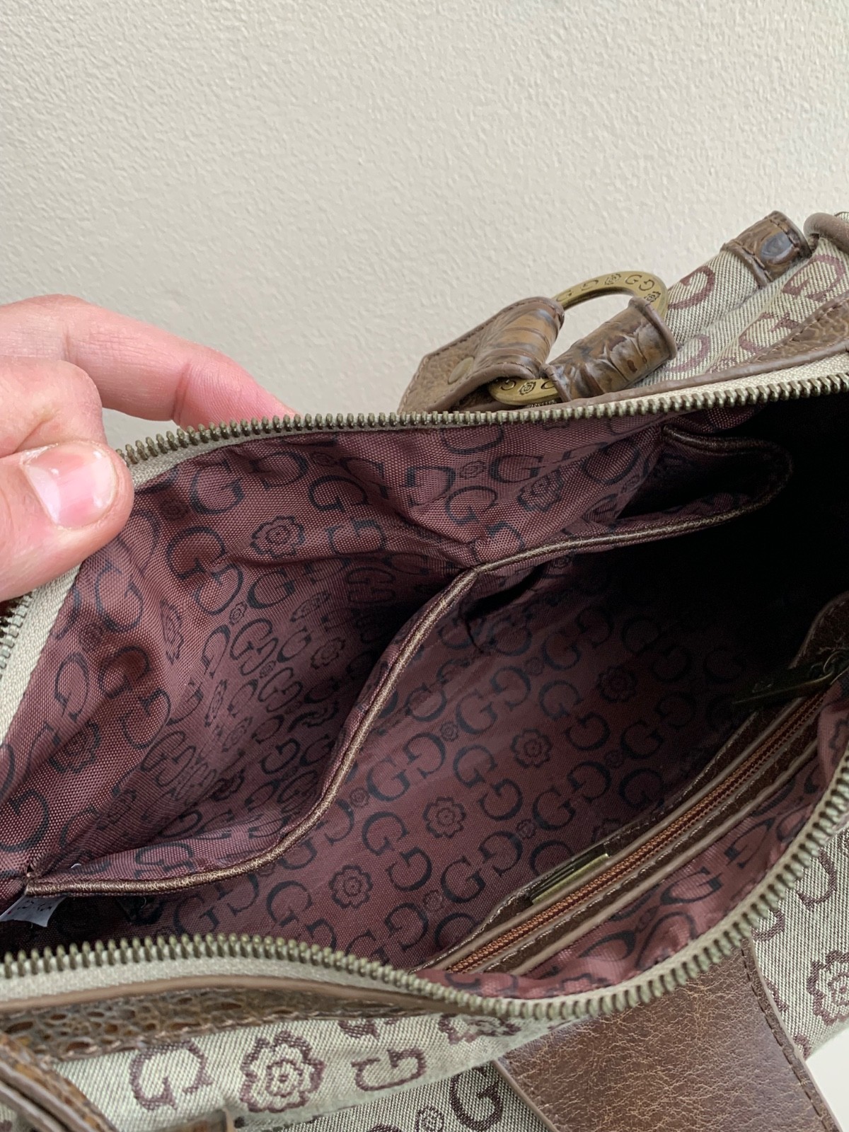 Vintage Guess Monogram Beige Faux Python Leather Denim Y2K Purse Handbag 2000s