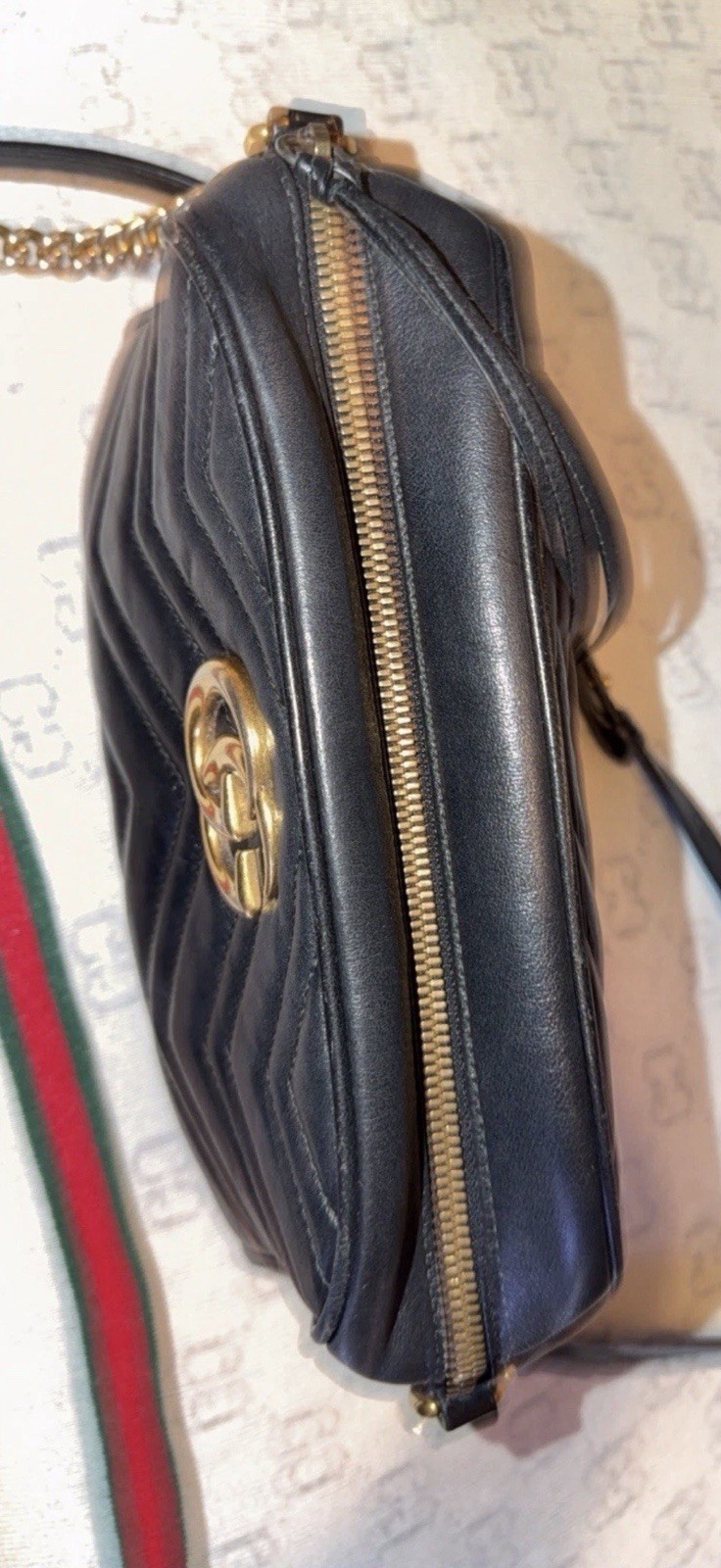GUCCI GG Marmont Quilted Shoulder Bag Black Gold Hardware Adjustable Strap