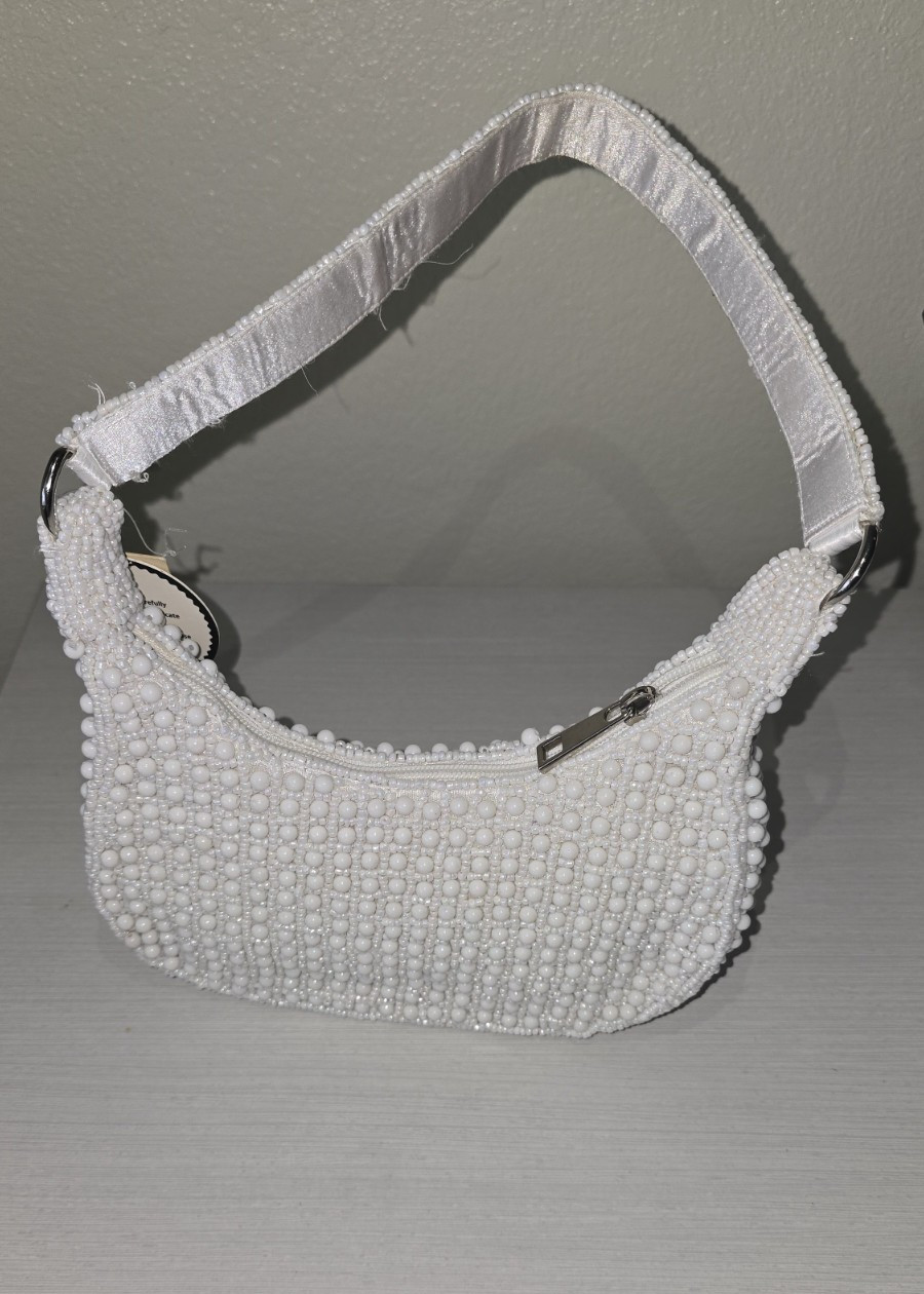 white beaded pearl shoulder bag baguette edding evening, handbag