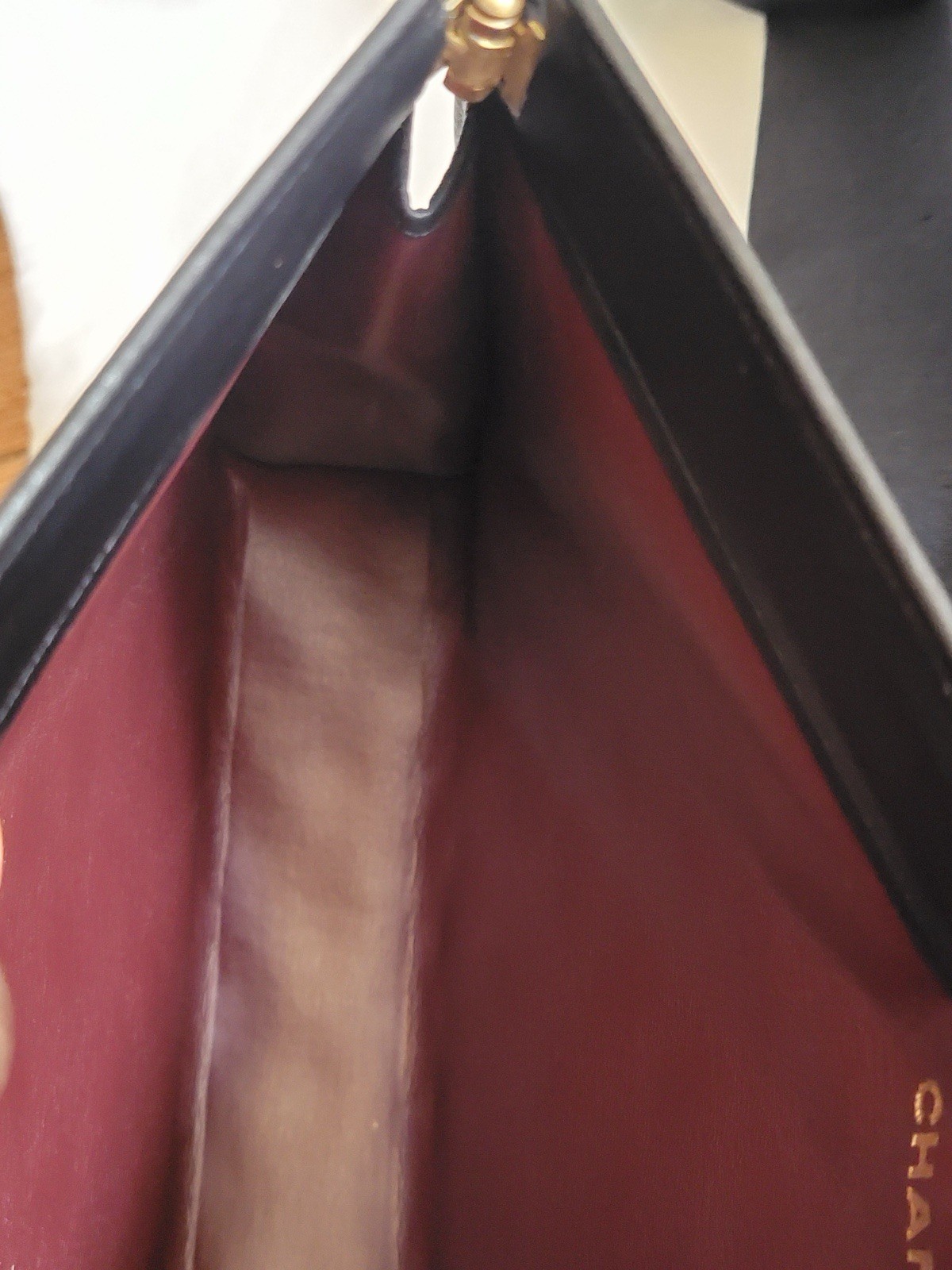 COA /CHANEL Black Quilted CC Logo Zip Clutch Pouch Gold Hardware Burgundy Lining