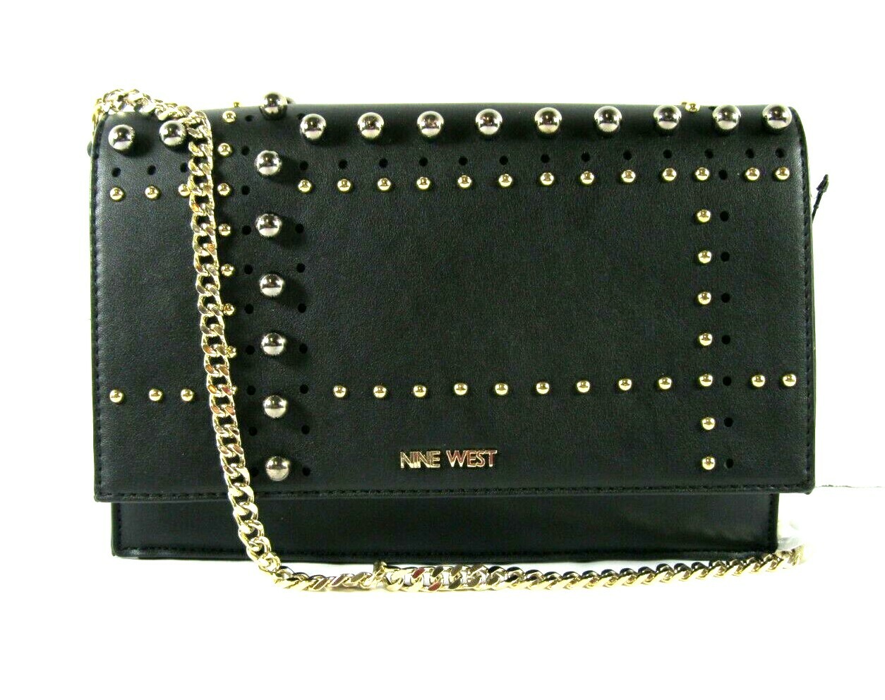 Nine West Shoulder-Bag Convertible Clutch with Gold Gunmetal Studded Chain Strap