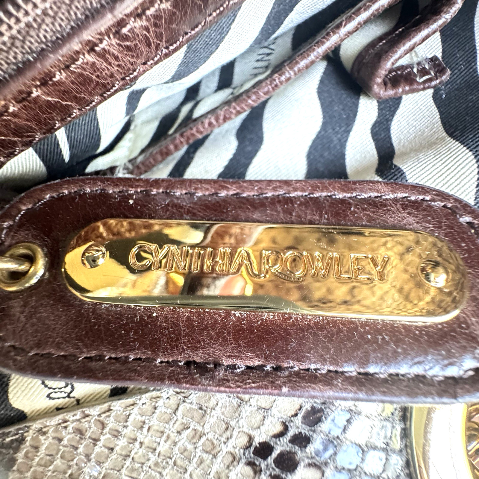 Cynthia Rowley Large Snake Print Leather Tote Handbag Gold Tone Dust Bag
