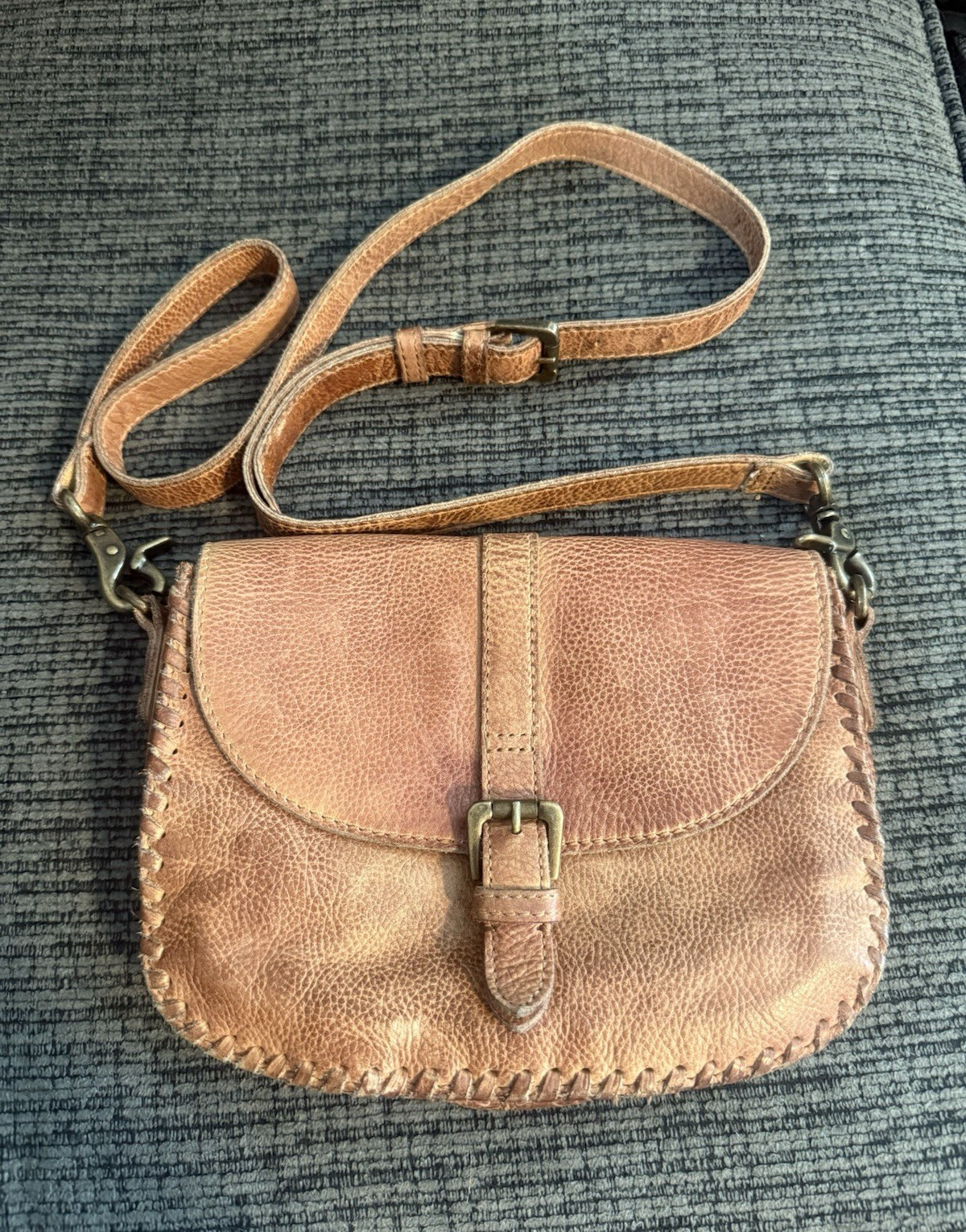 Myra Bag Small Brown Leather Crossbody Purse Snap & Buckle, Detachable Strap