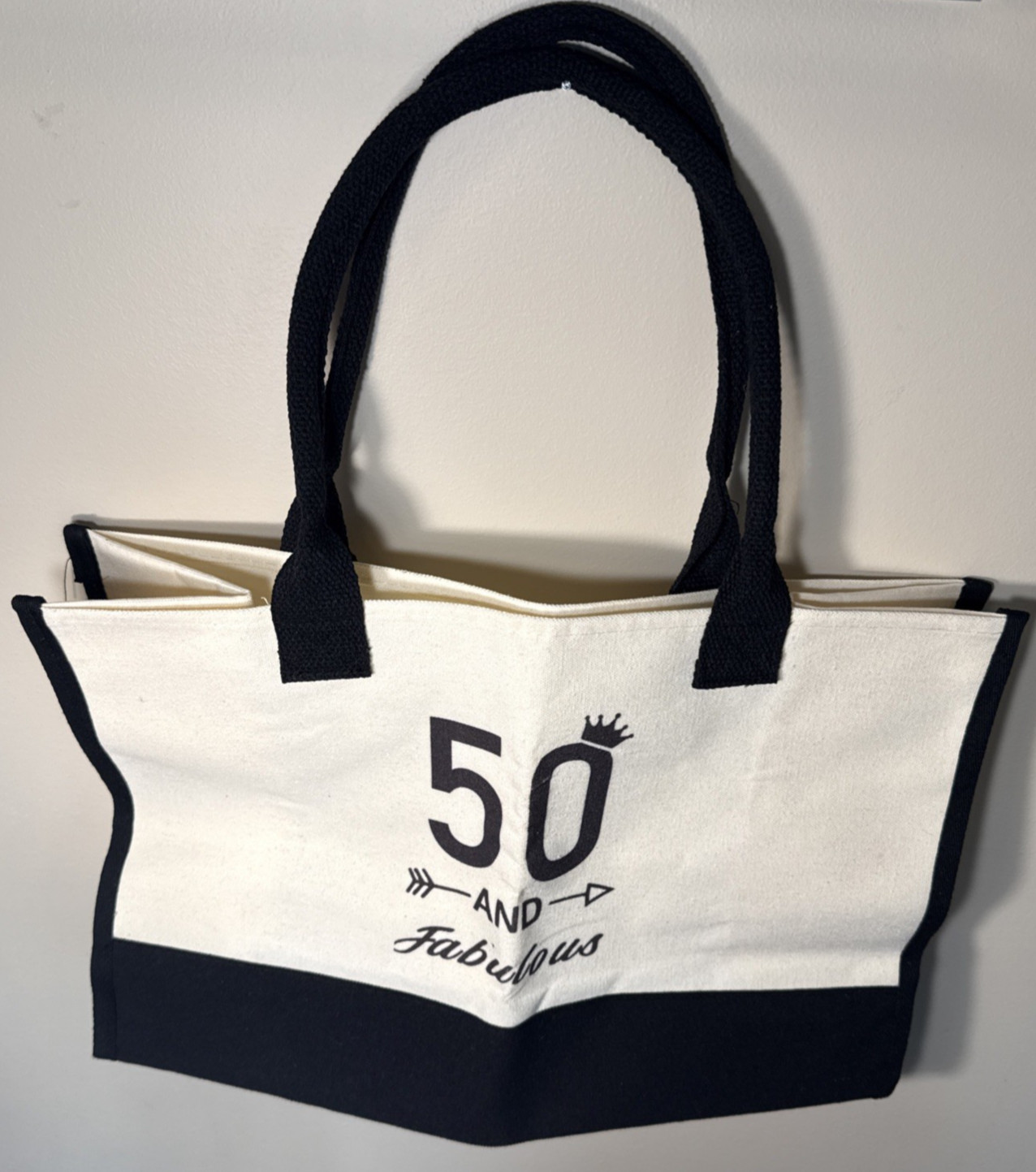 Canvas Cotton Tote Bag – 50 and Fabulous – Black and Cream – 17 in. L x 12 in. H