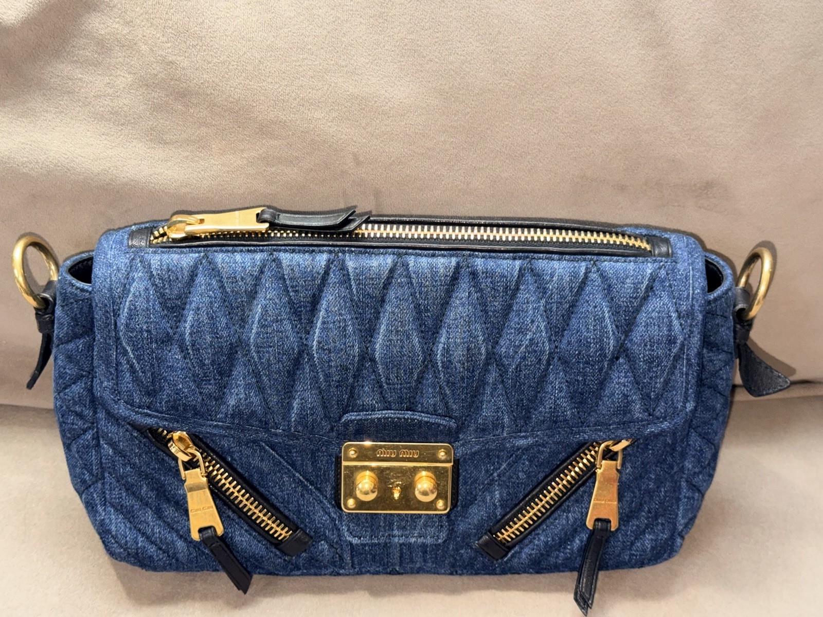 Miu Miu Denim Quilted Series Normal Size Denim Blue Denim Fabric Shoulder Crossb