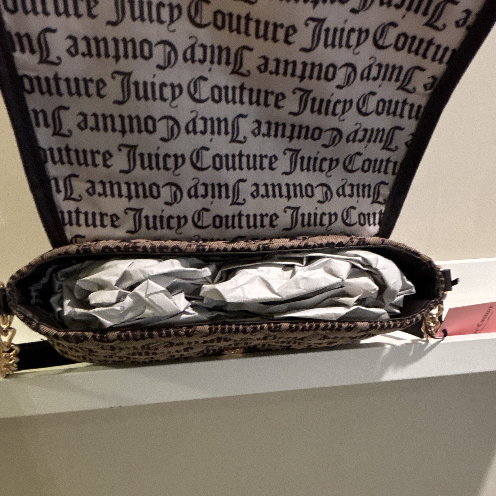 Juicy Couture Logo Quilted Brown Black Crossbody Bag Gold Chain Strap Small