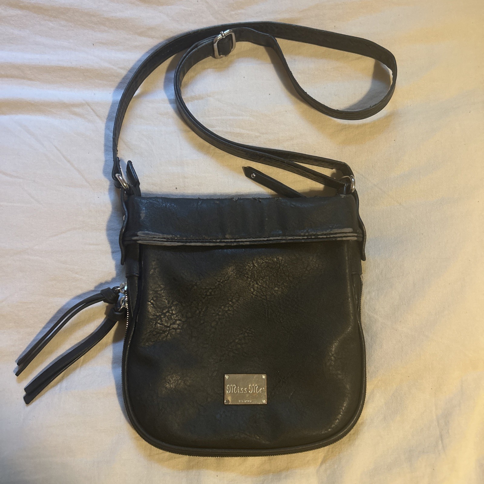 DISTRESSED Miss Me Crossbody Expand Adjust Faux Leather Angel Wing Black Bag