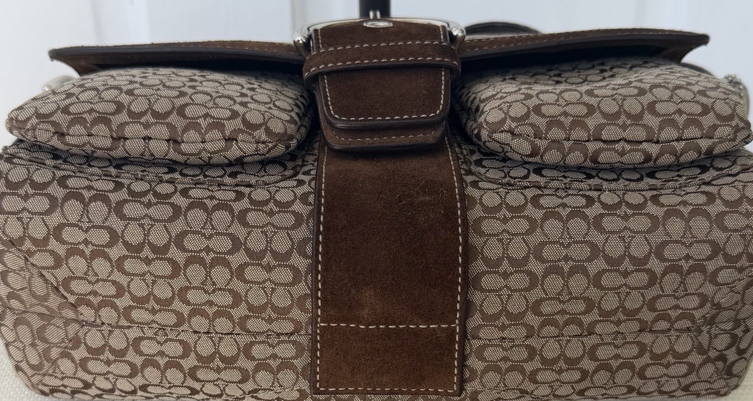 Coach Soho Signature Monogram Beige/Brown Small Shoulder Bag Buckle, Strap