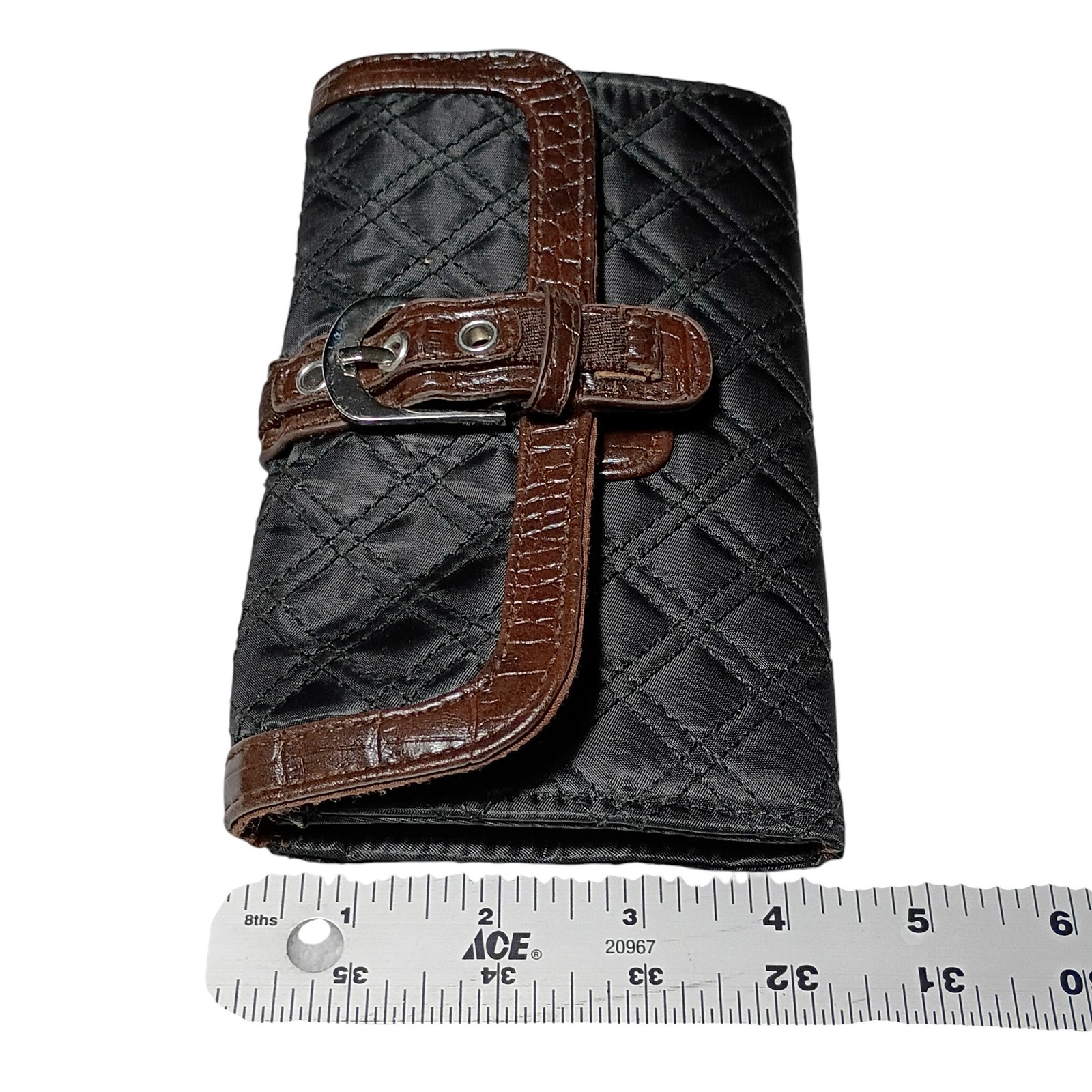 Quilted Wallet Black With Brown Trim Buckle Closure Card Slots Zip Pocket