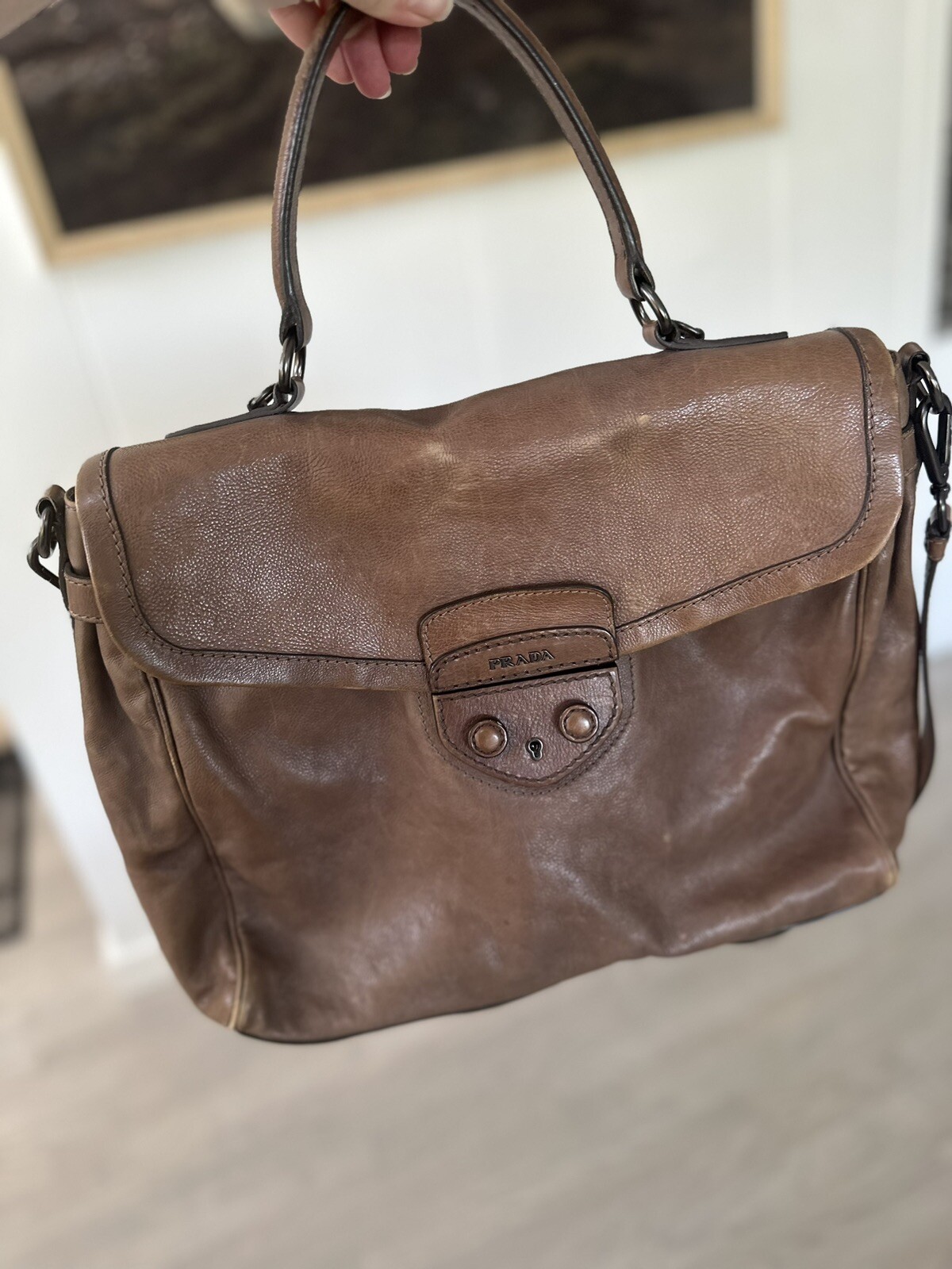 PRADA Brown Leather Crossbody Messenger Bag Laptop Briefcase Career Vintage