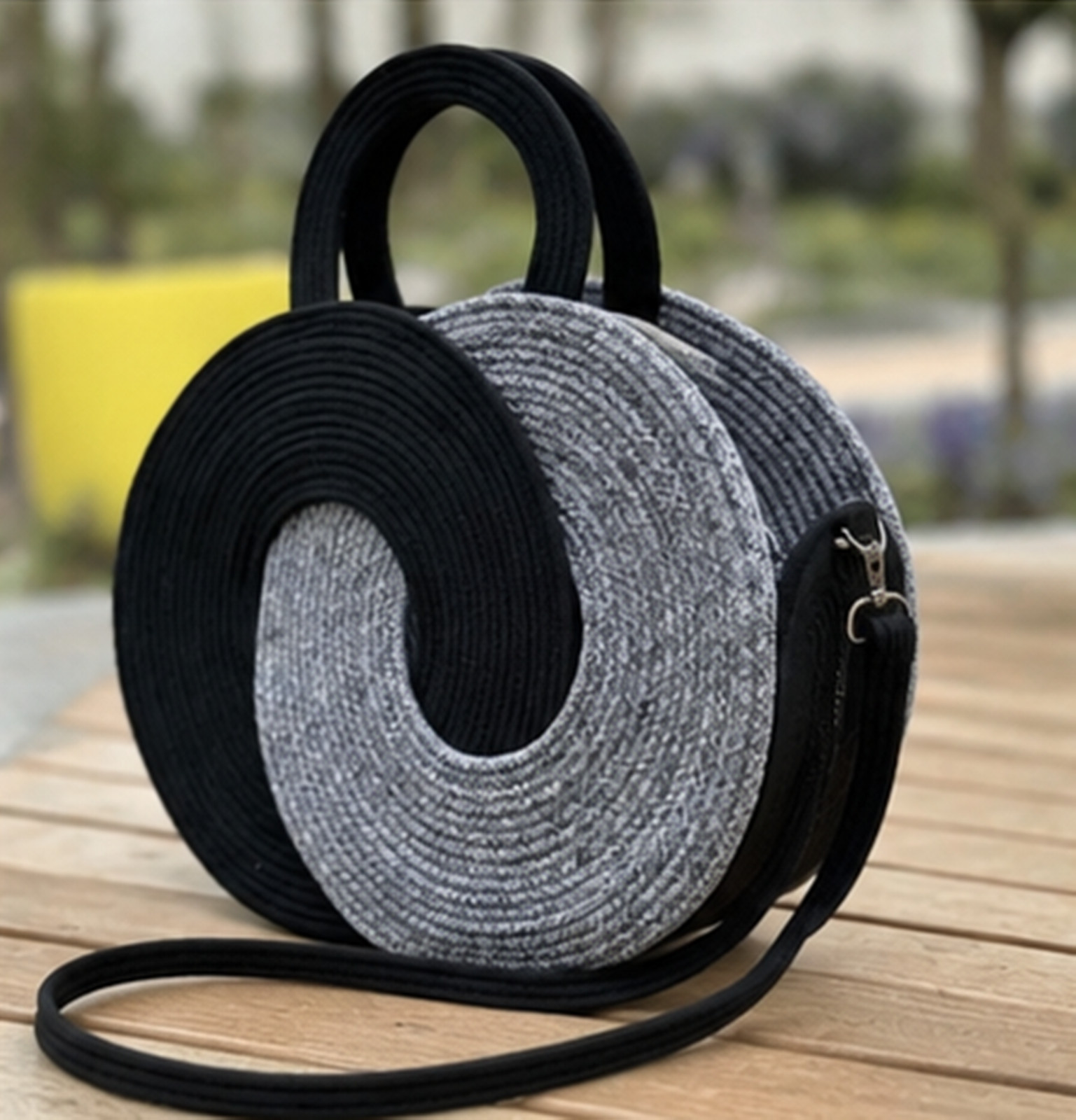 Round Woven Handbag, Black & Gray Rope Tote Bag, Circular Crossbody Purse