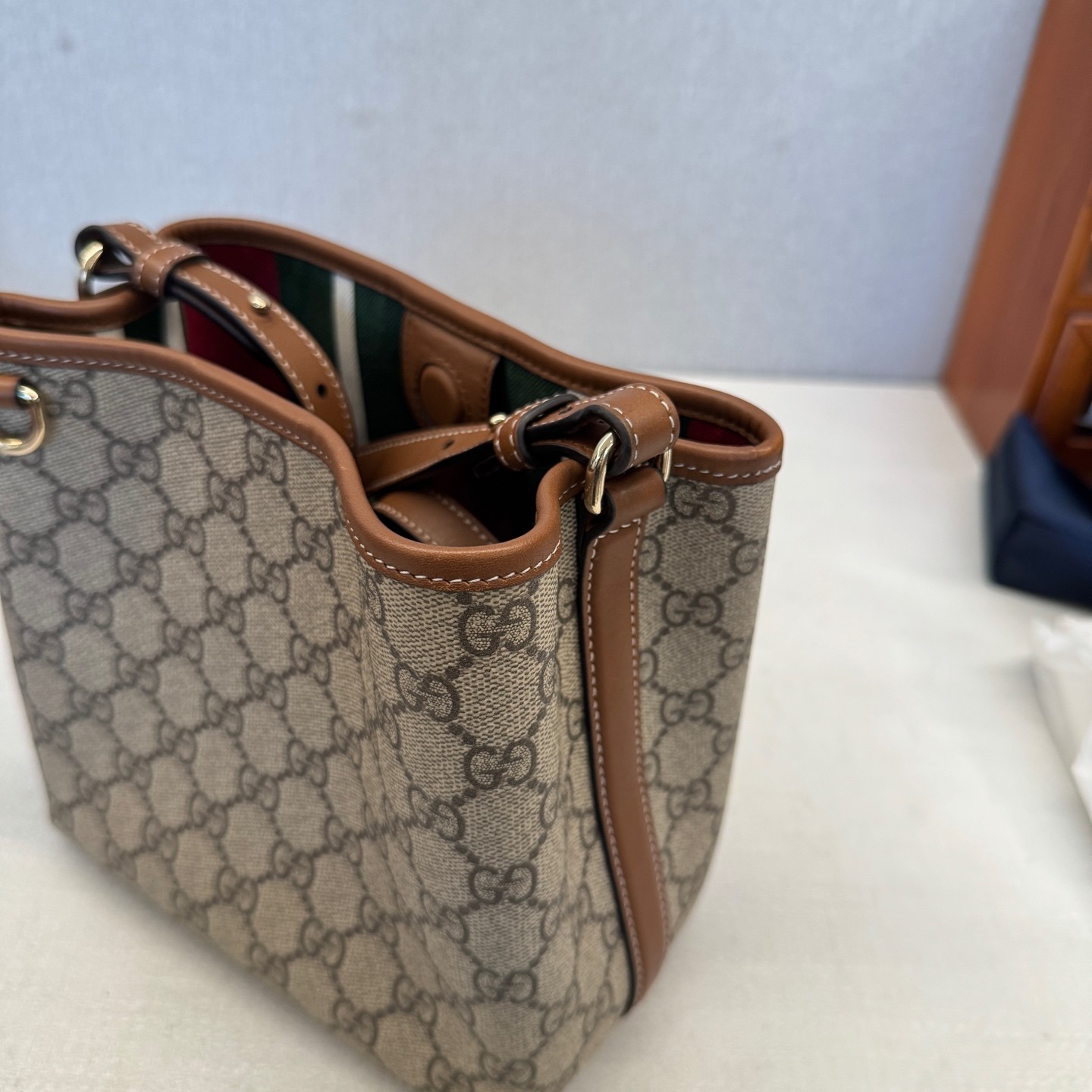 Gucci GG Emblem Small Beige Brown GG Canvas Top Handle Crossbody Bag US Ship