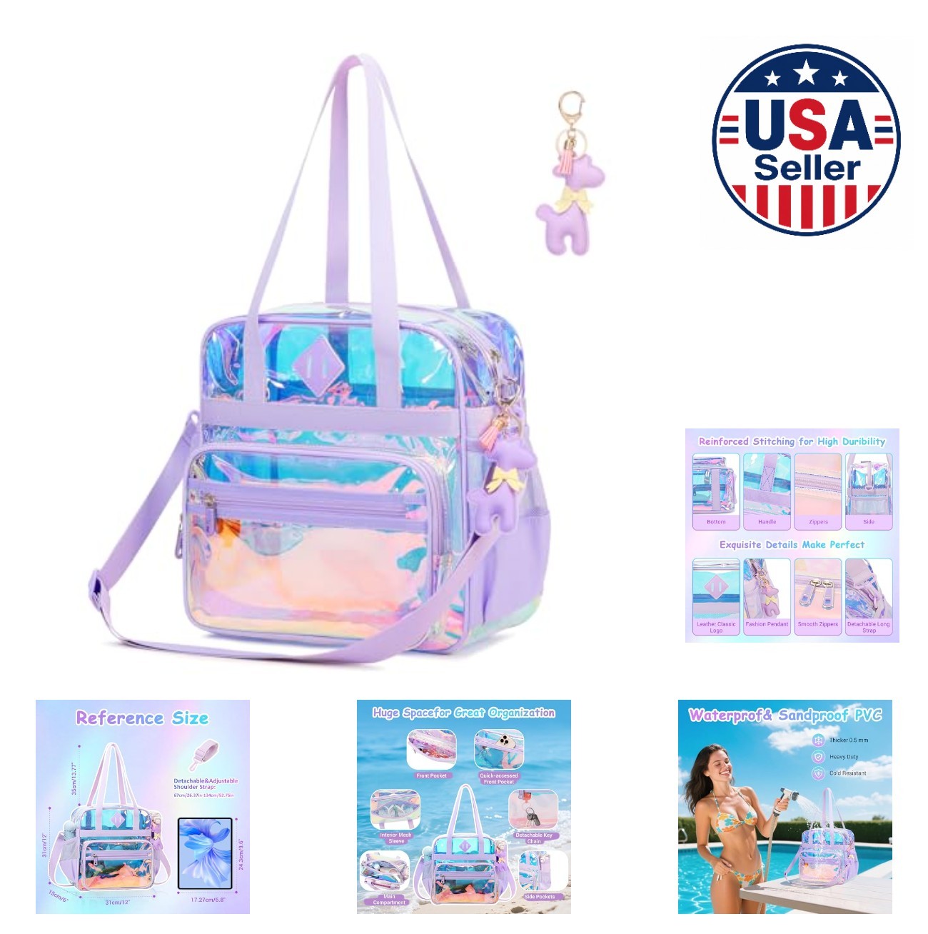 Clear Tote Bag Iridescent 12x12x5.9 Inch Transparent Stadium Beach Pool