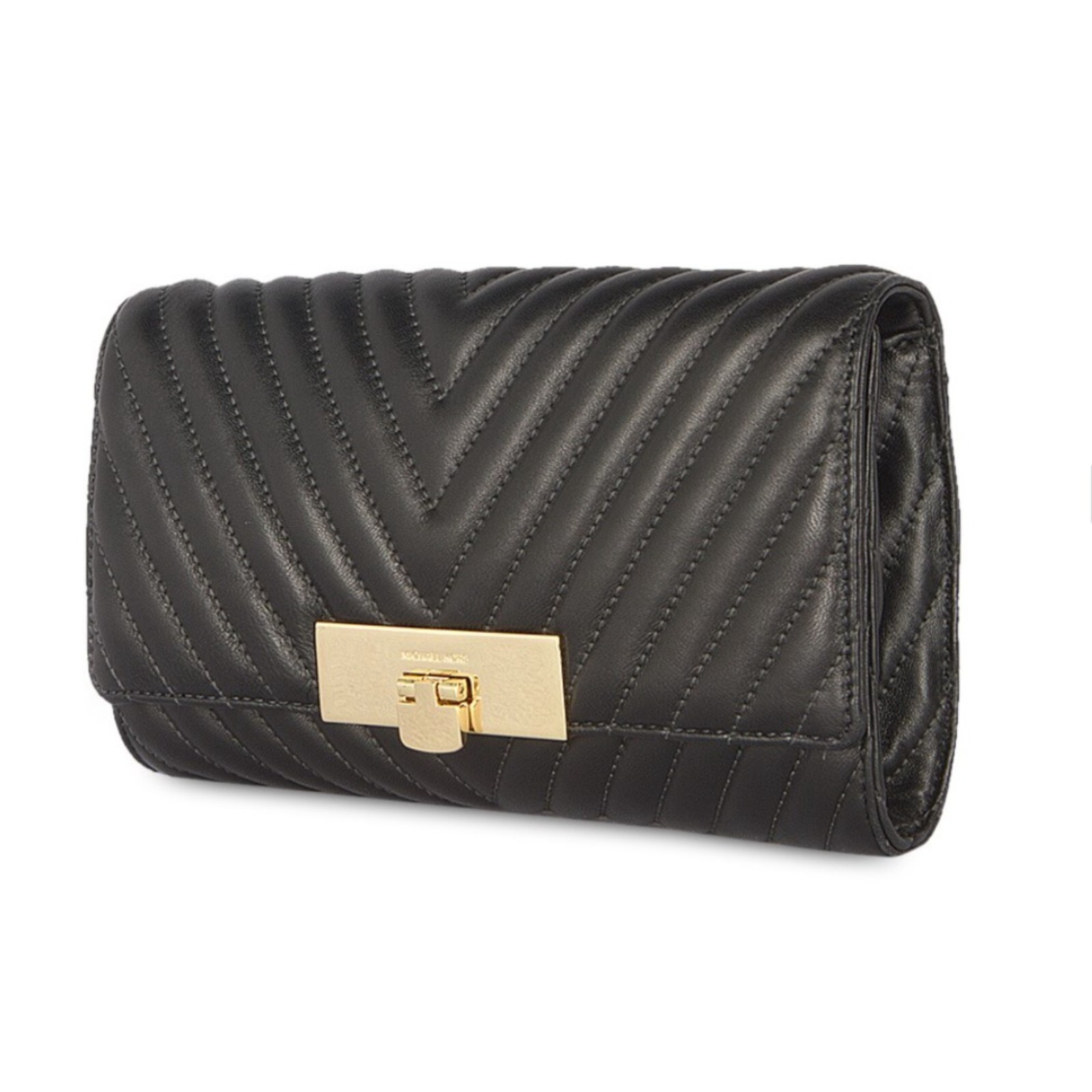 Michael Kors Susannah Quilted Leather Lock Clutch Shoulder Bag Black Purse New