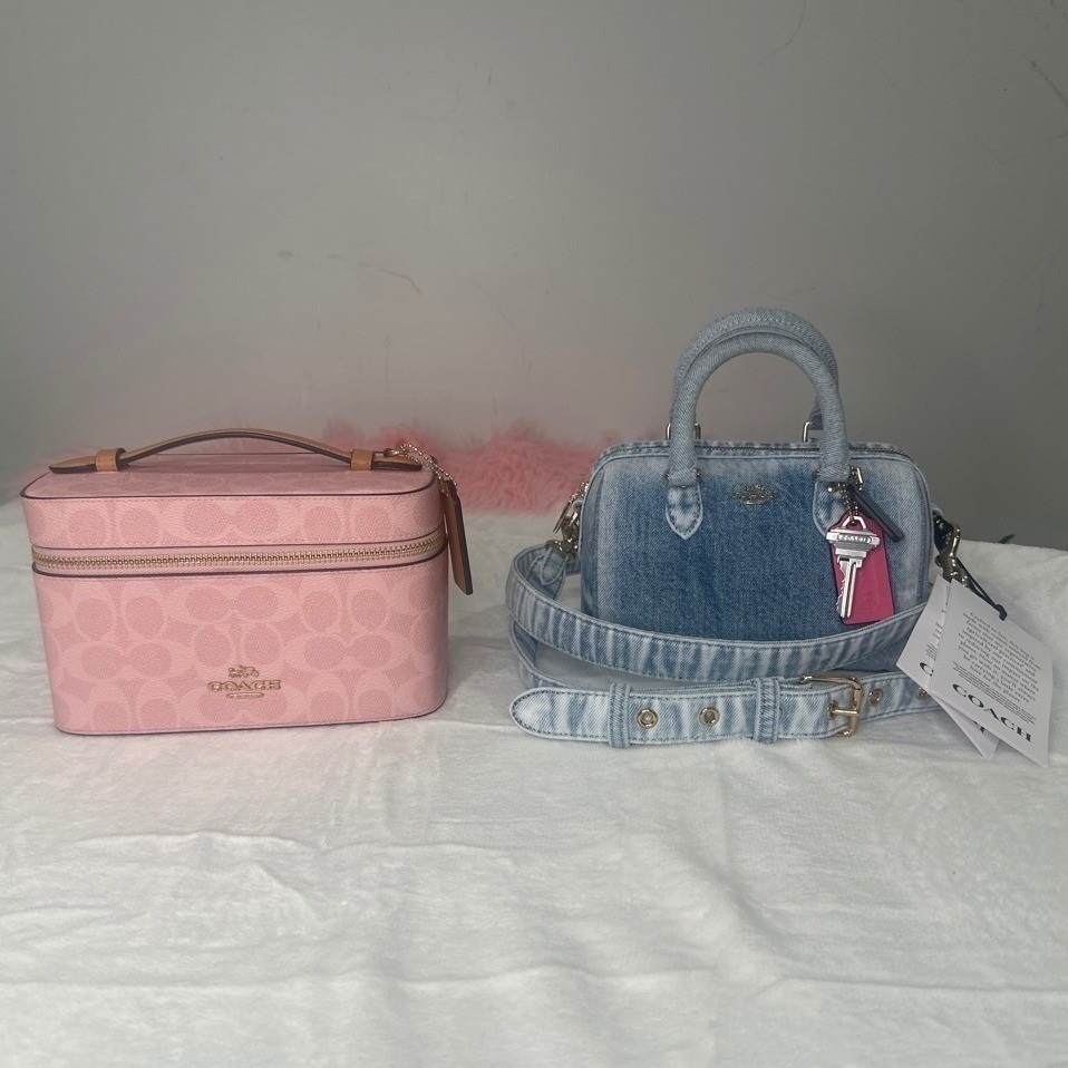 Coach Powder Pink Makeup Case + Mini Rowan Loved Denim Satchel Crossbody Bag Set