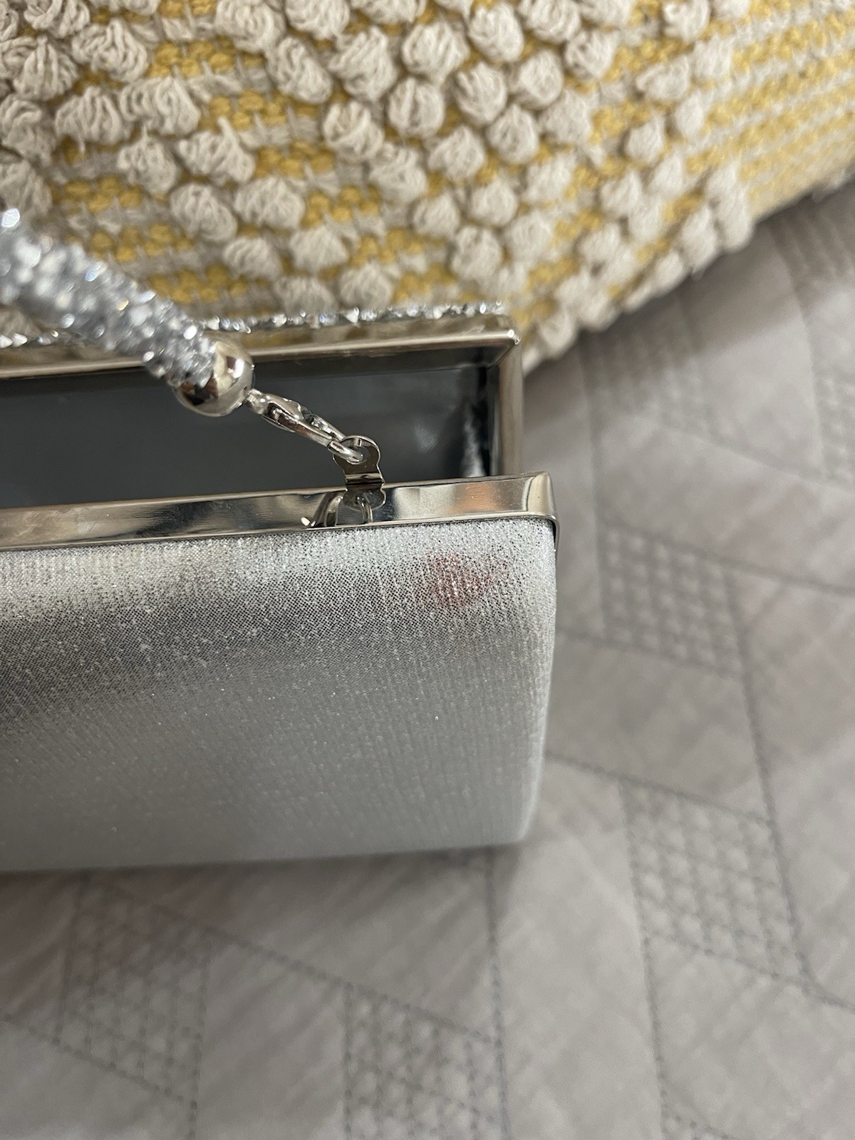 Silver Glitter Clutch Evening Bag Chain Shoulder Strap Clasp Small Rectangle
