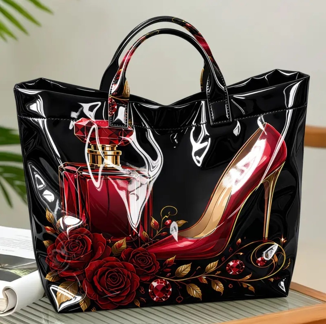 Women’s Black Red Parfume High Heel Print Large Tote Bag PVC