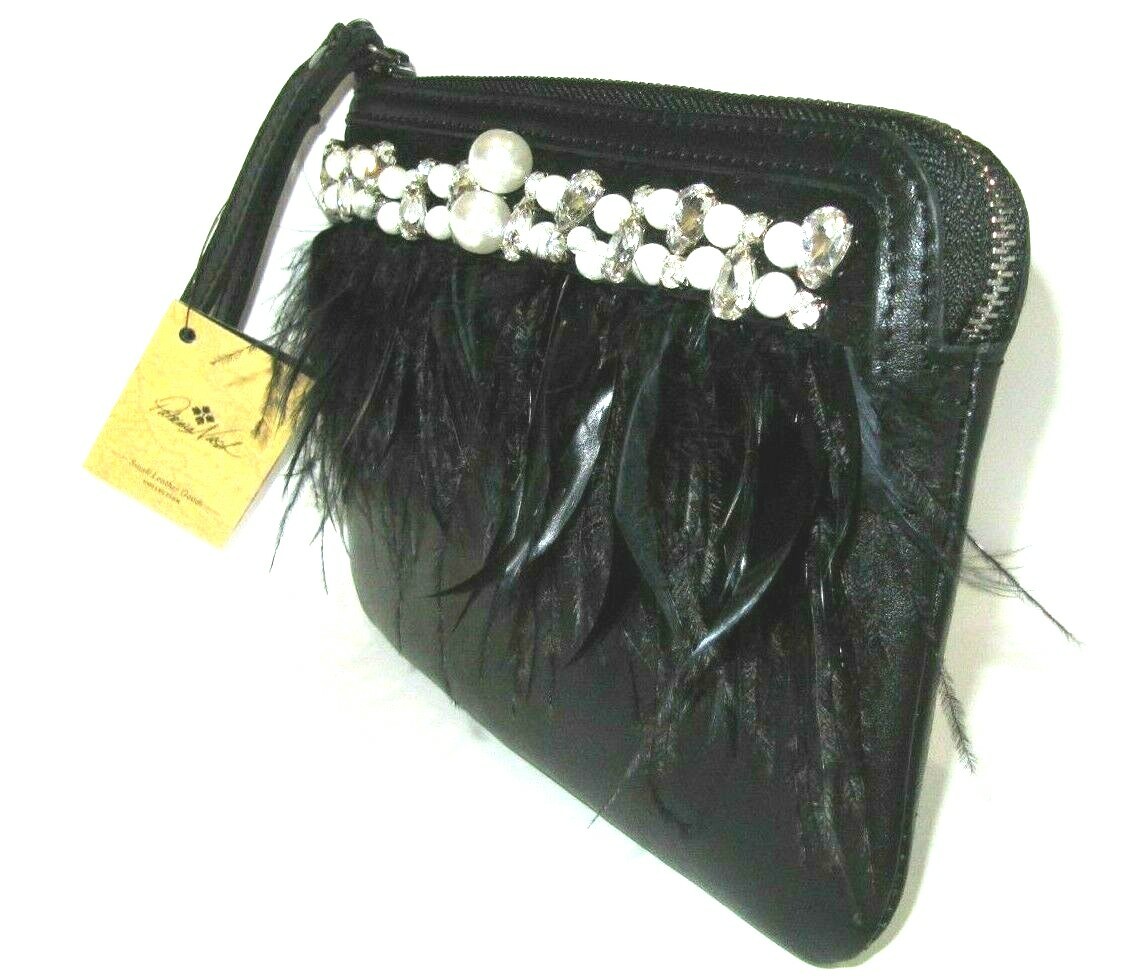 Patricia Nash Diamonds Feathers Pearls Cassini Wristlet Clutch Black Bag NWT
