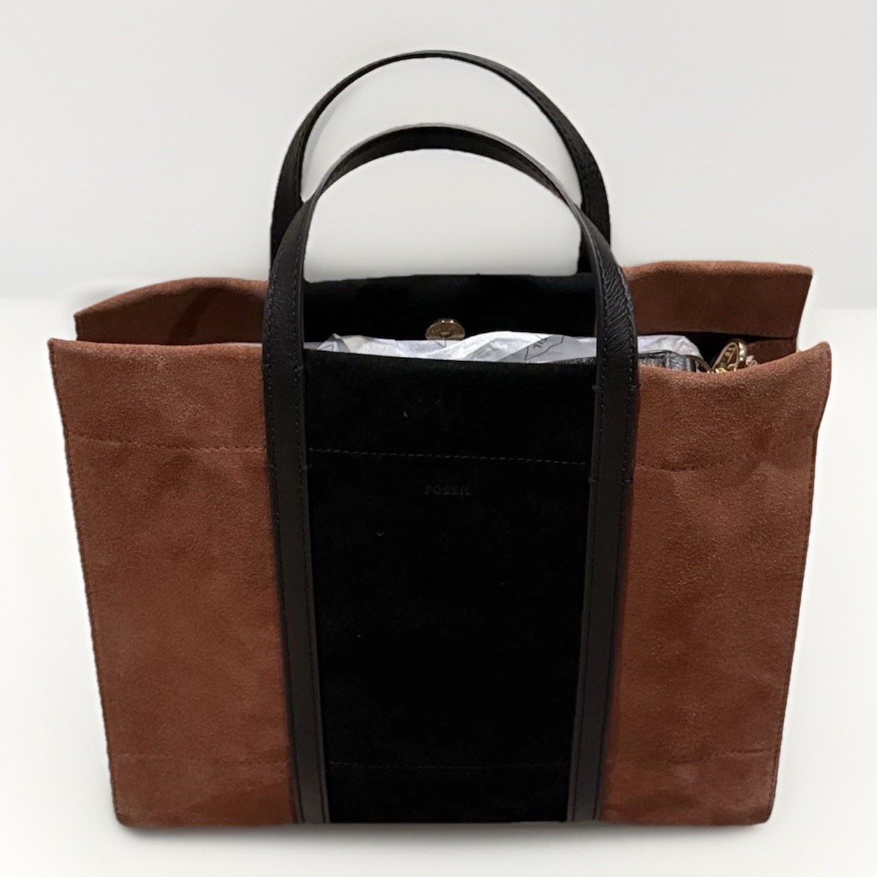 FOSSIL Carmen Shopper Brown Black SUEDE Leather Crossbody Tote Bag Two-Tone NWT