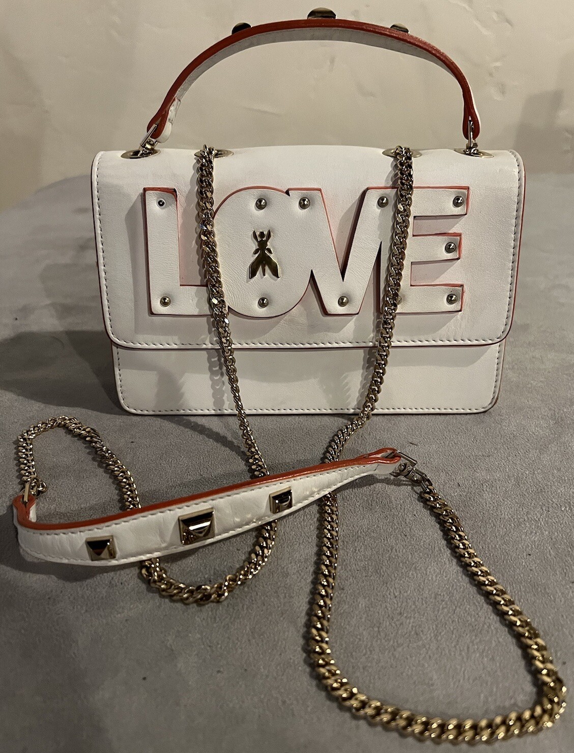 Patrizia Pepe LOVE Fluo White Leather Crossbody Bag White/Orange Gold EUC