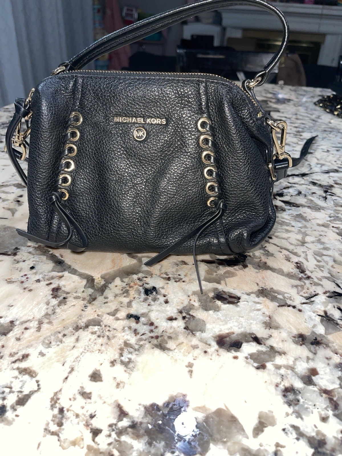 Michael Kors Black Pebbled Small Crossbody Lace-Up Double Zip Gold Hardware