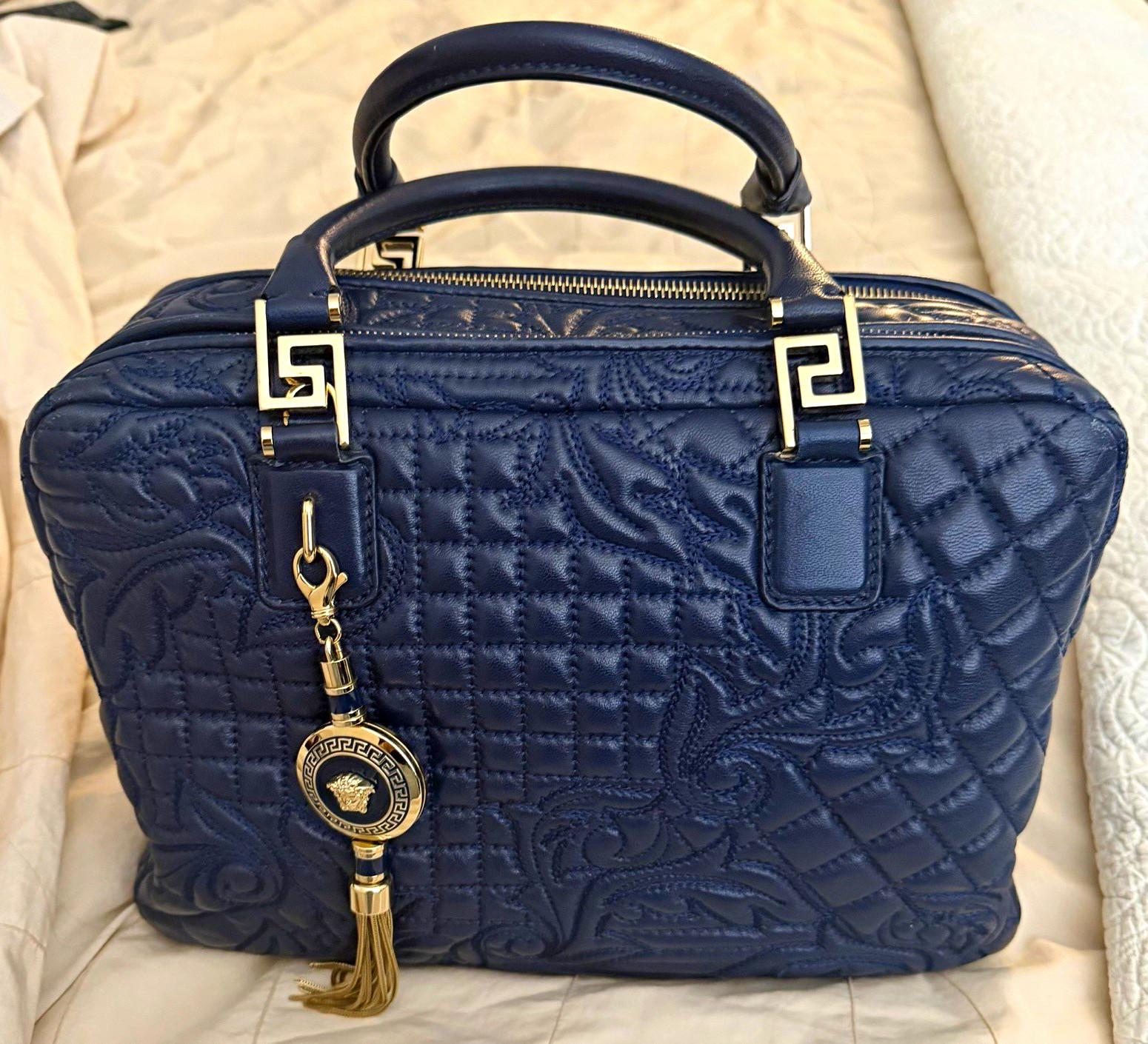 Authentic Versace Vanitas Navy Blue Top Handle Medusa Tassel Strap Gold HW