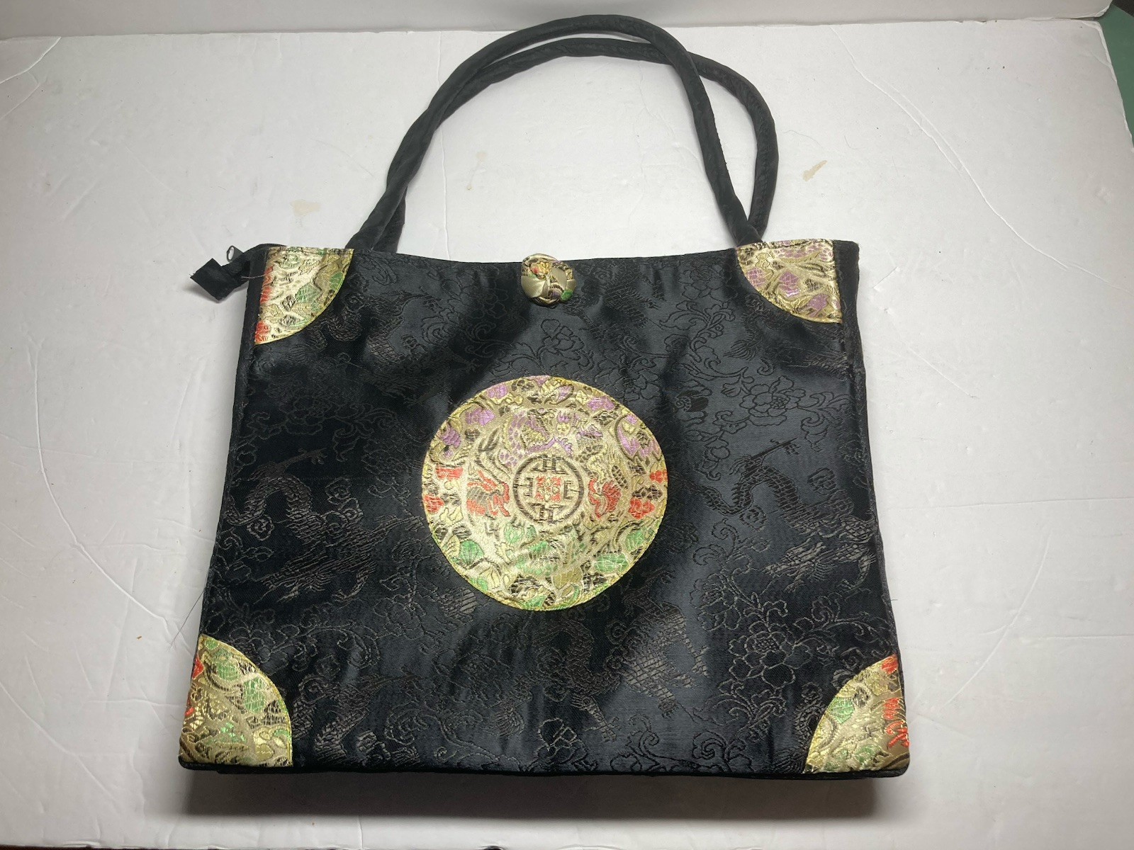 Womens Chinese Embroidered Black Silk Traditional Circular Motif Tote Bag
