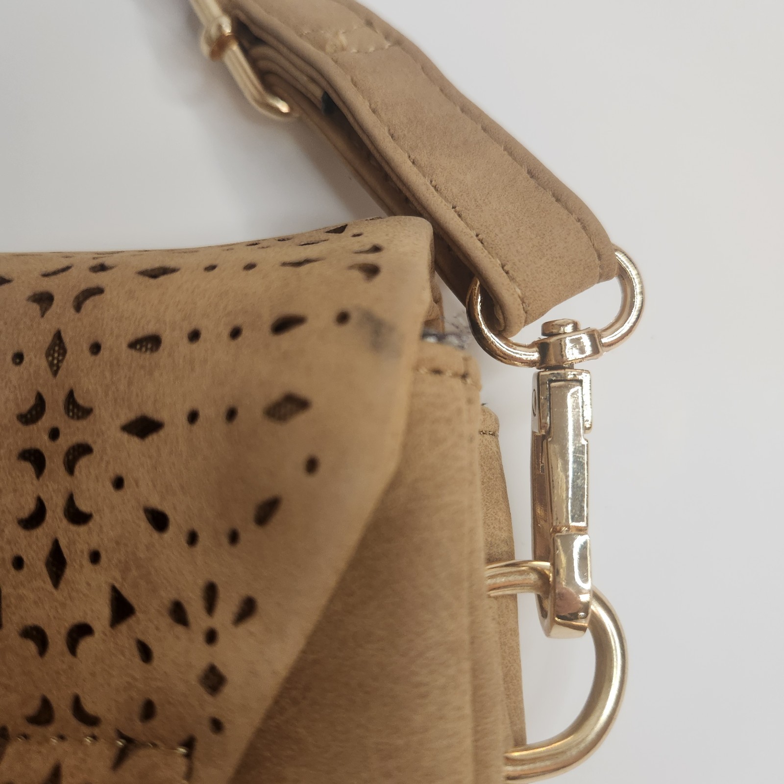 Tan Faux Suede FoldOver Crossbody Laser Cut Purse 11.5″ x 7.25″ Adjustable Strap